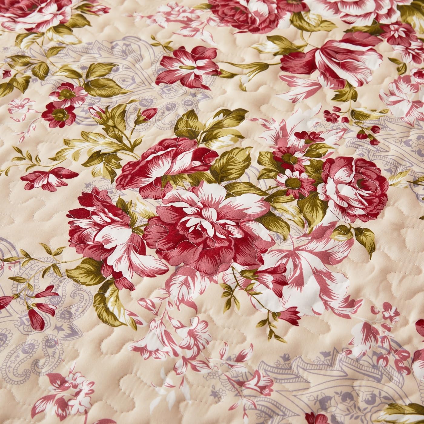 Cmfshape Summer Floral King Quilted Bedspread,Romantic Red Quilt Set,Reversible Stitched Bedding Cover All Season,Soft Lightweight Coverlet with Pillow Cases (Red Rose, King(102"x90"))