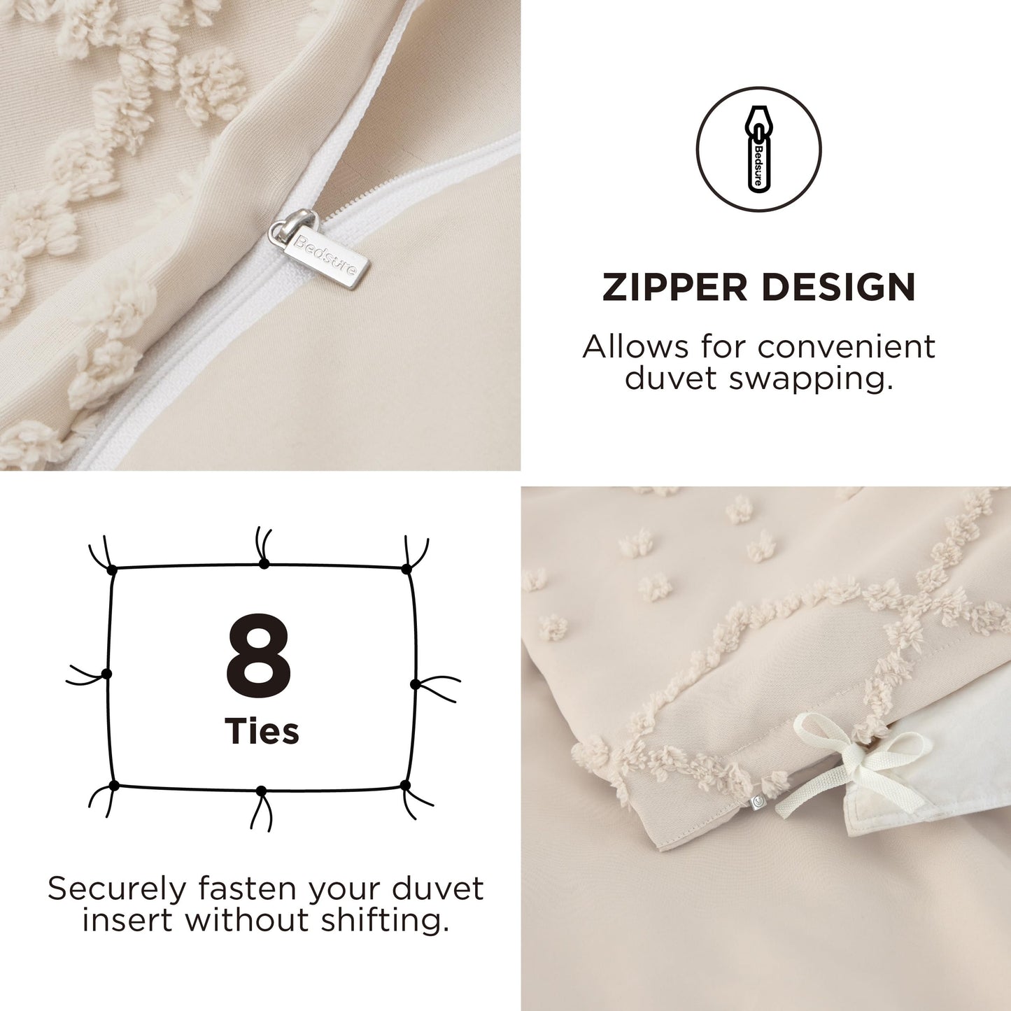 Bedsure Boho Duvet Cover Queen Size with Fitted Sheet - Boho Bedding Comforter Set, 4 Pieces, Includes 1 Duvet Cover 90"x90" with Zipper Closure, 2 Pillow Shams, 1 Fitted Sheet, Beige