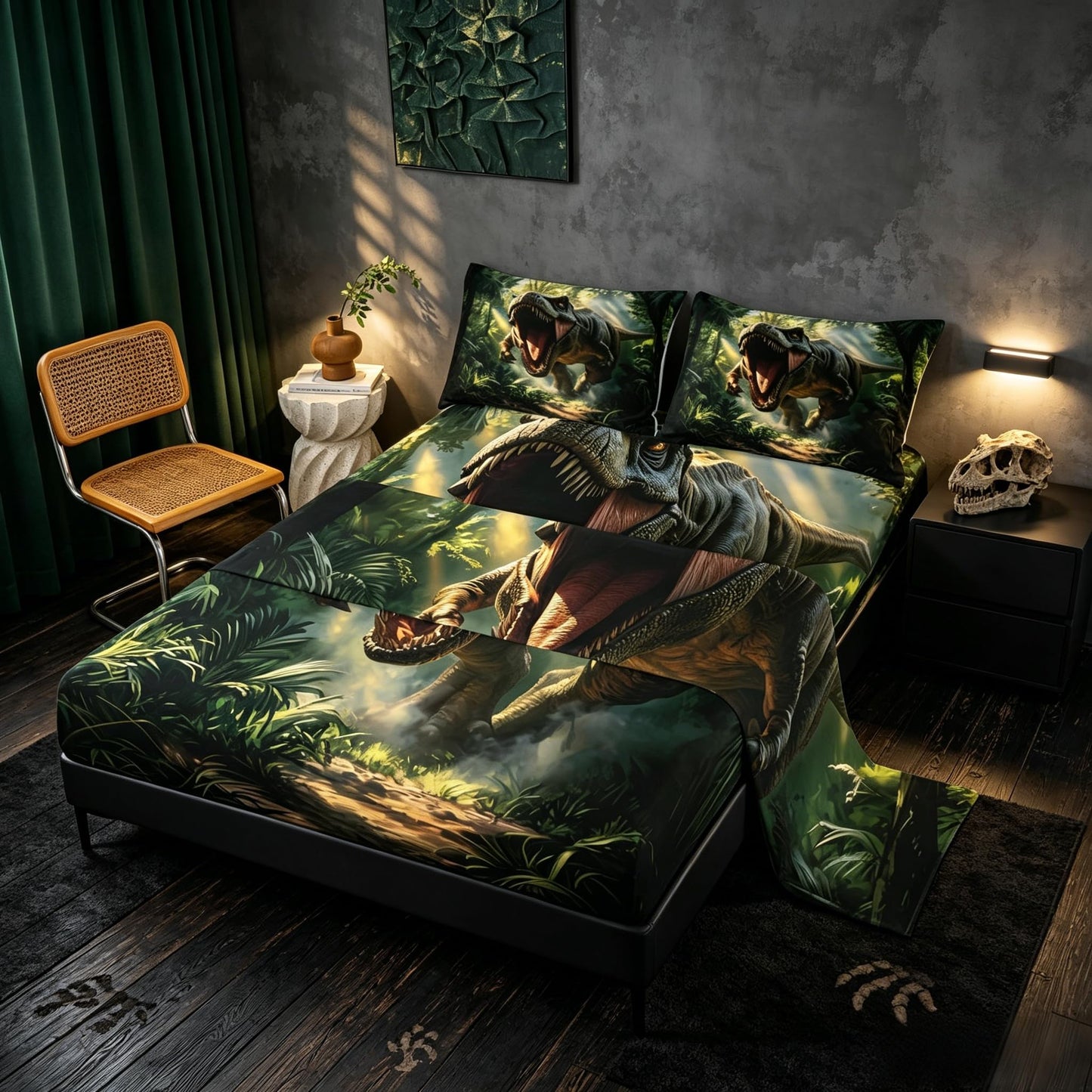 Feelyou Dinosaur Bed Sheets Set Twin Size 3D Digital Print Deep Pocket Fitted Sheet Jungle Dino Bedding Sets Wild Animal Soft Bed Set 3Pcs with 1 Pillow Cases Green Red