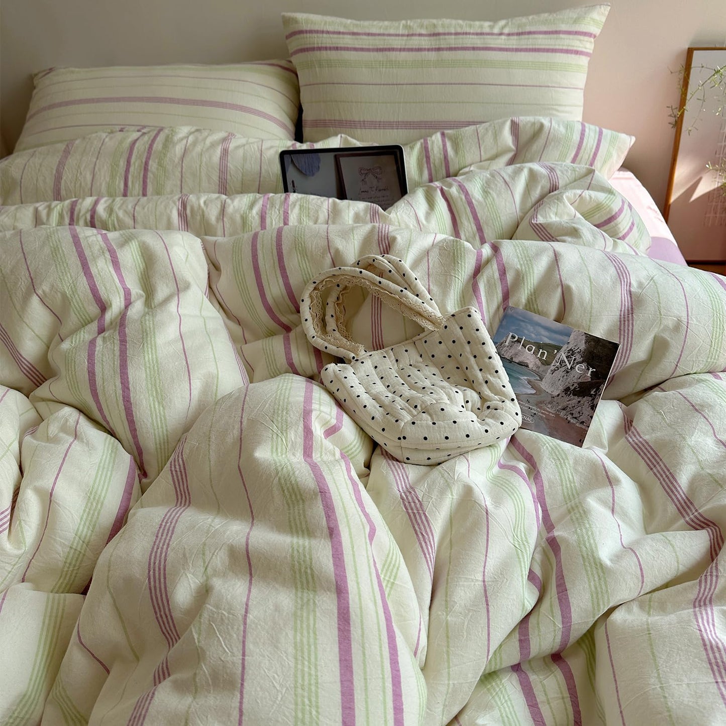 EAVD Retro Striped Duvet Cover Queen Size Soft 100% Cotton Green Purple Vertical Stripes Pattern Bedding Set with 2 Pillowcases Reversible Farmhouse Geometric Pattern Duvet Cover with Zipper