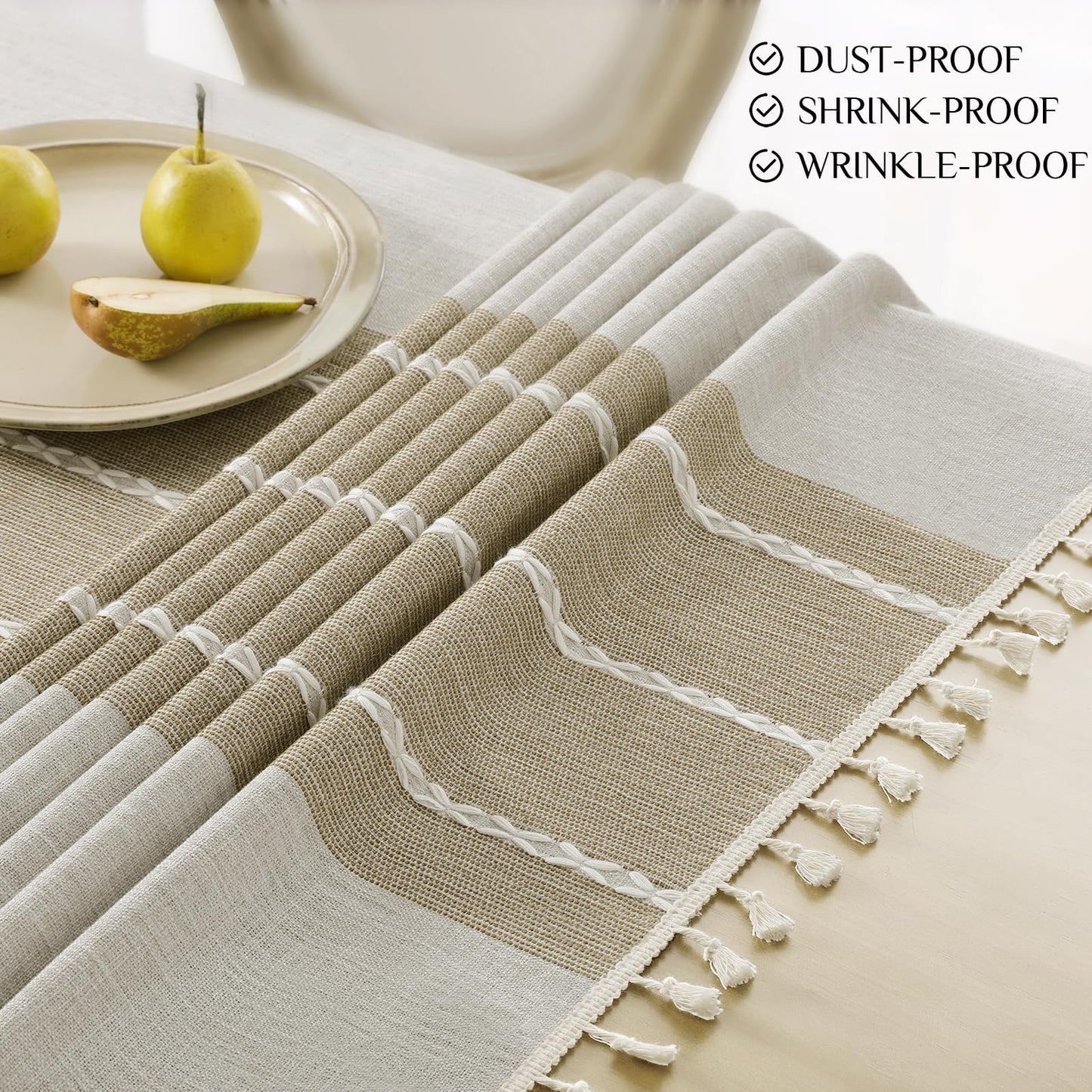 Softalker Outdoor Linen Tablecloth Square, Waterproof Cotton Boho Farmhouse Table Cloths with Tassel, Heavy Weight Wrinkle Free Table Cover for Picnic Camping Dining - 55 x 55 Inch, Coffee Lines