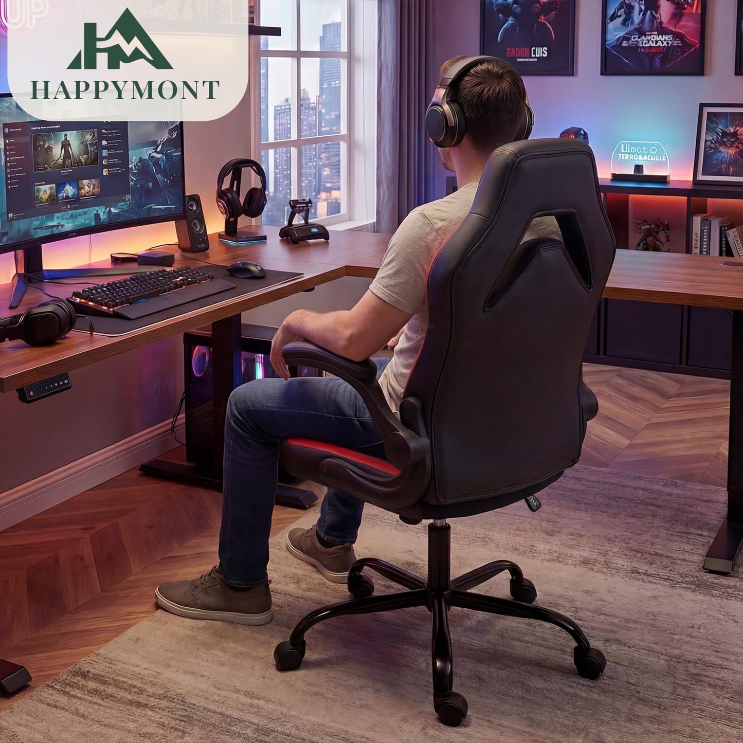 HAPPYMONT Ergonomic Computer Gaming Chair with Flip-up Armrest, Height Adjustable PU Leather Home Office Desk Chair with Lumbar Support Swivel Wheels and for Adults and Kids, Scarlet Red