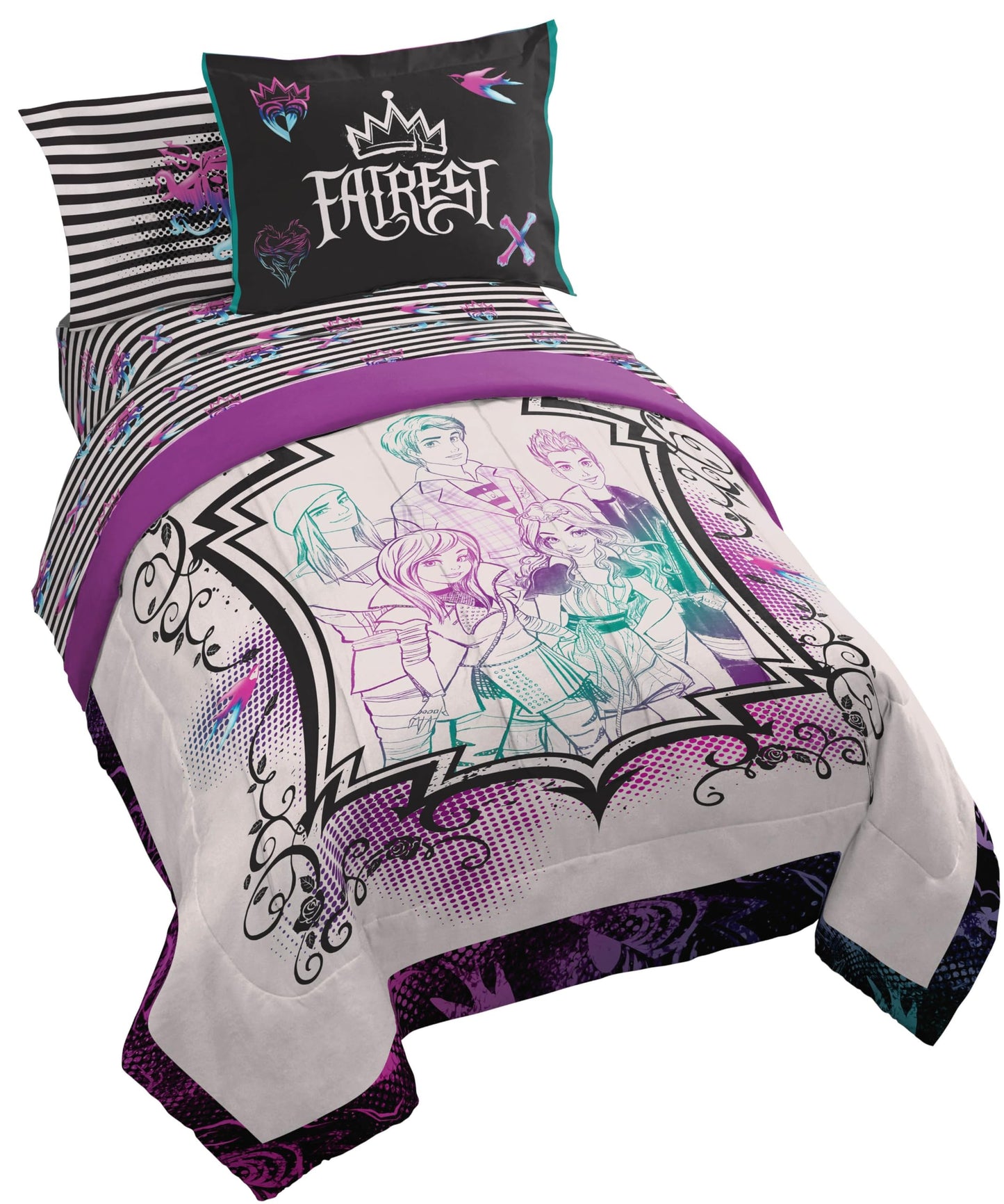 Jay Franco Kids Comforter Set Includes Sheets and Pillow Cover - Soft and Cozy Bed Set for Stylish Room Décor, Multi - Descendants, 7 Piece Full