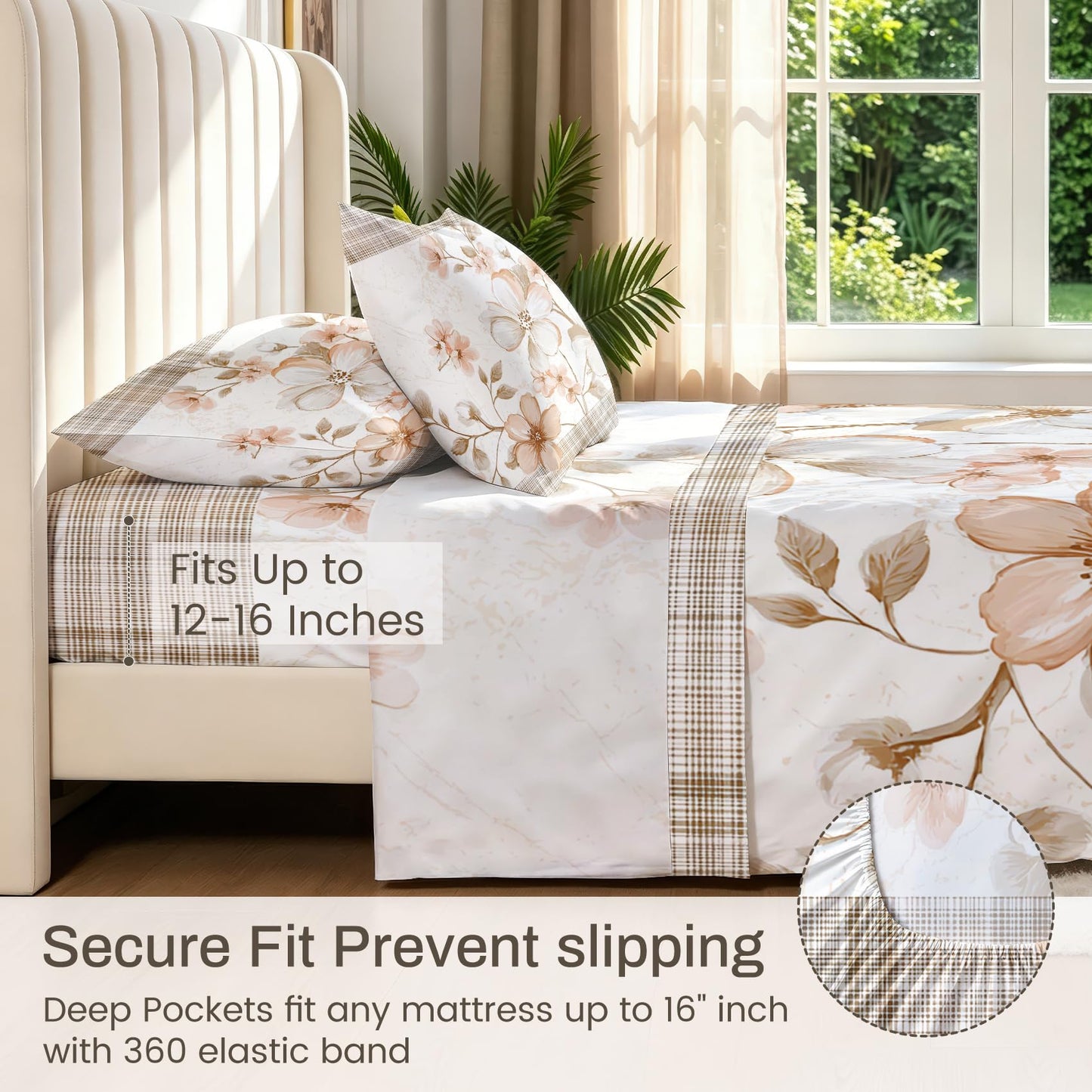 Plaid and Floral King Sheet Set Farmhouse Flat Fitted Sheet Sets