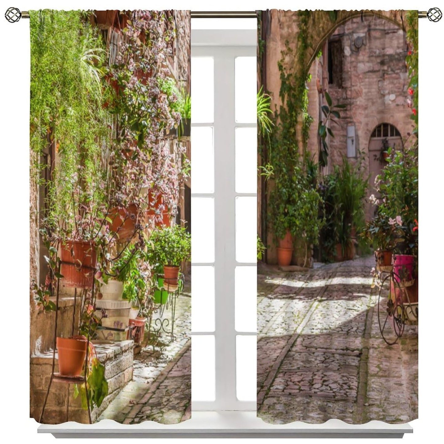 Italy Town Decor Curtain, Rustic Italian Street Sun Stone Alley Green Plant Pink Flower Landscape Print Rod Pocket Window Drapes, for Bedroom Living Room Kitchen 42" W X 45" L