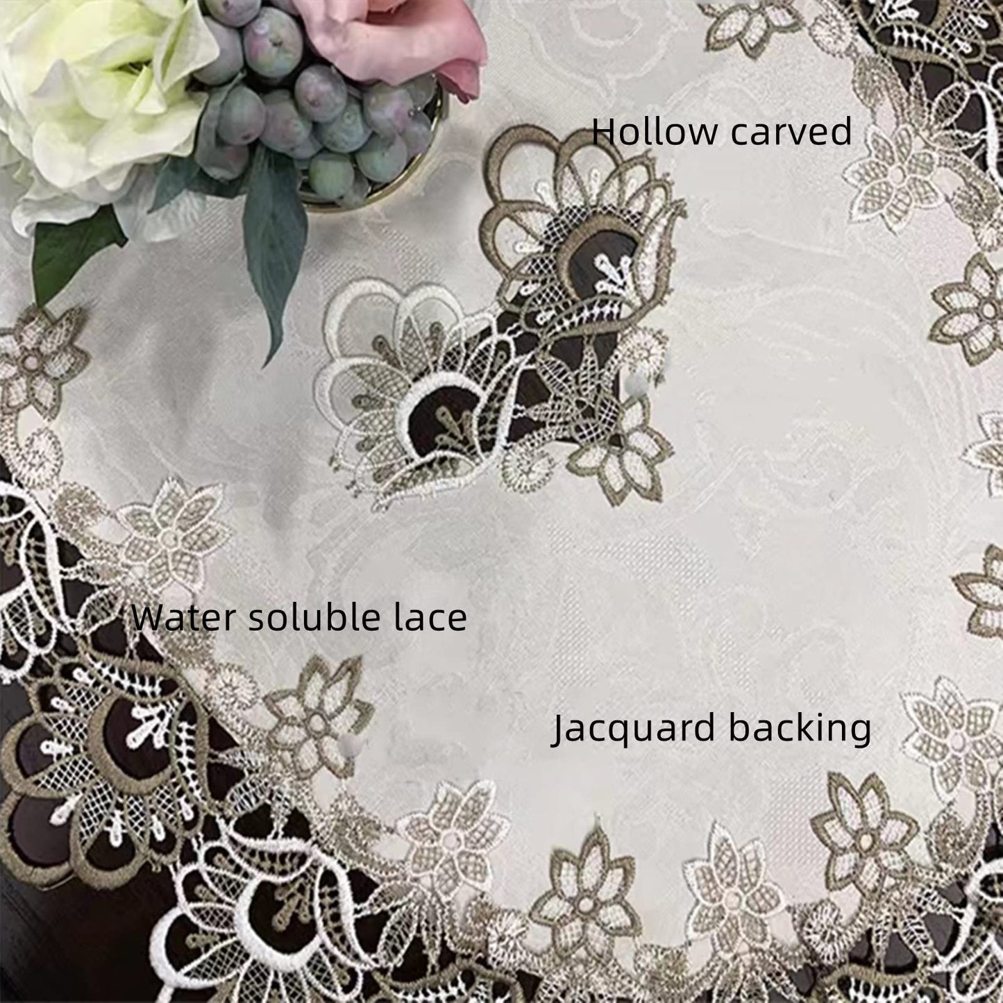 ZMNSZBDBeige Embroidered Lace Tablecloth Lace Coffee Table Cover Oval Hollow Fabric Tablecloth, Washing Machine, Dryer, Refrigerator Top Dust Cover (20''X43'')