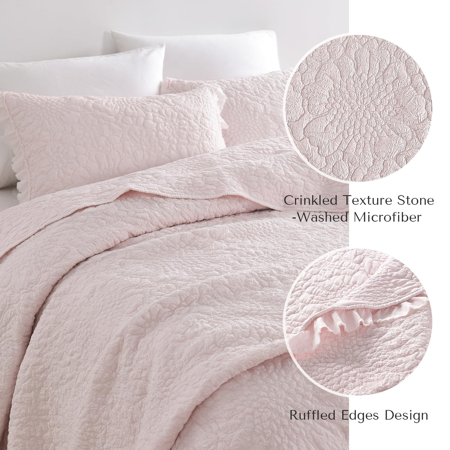 HORIMOTE HOME Pink Ruffled Quilt King Size, Stone-Washed Microfiber Lightweight Crinkled Farmhouse Rustic Shabby Chic Bedding Set, 3 Pieces Reversible Bedspread with Pillow Shams for All Season