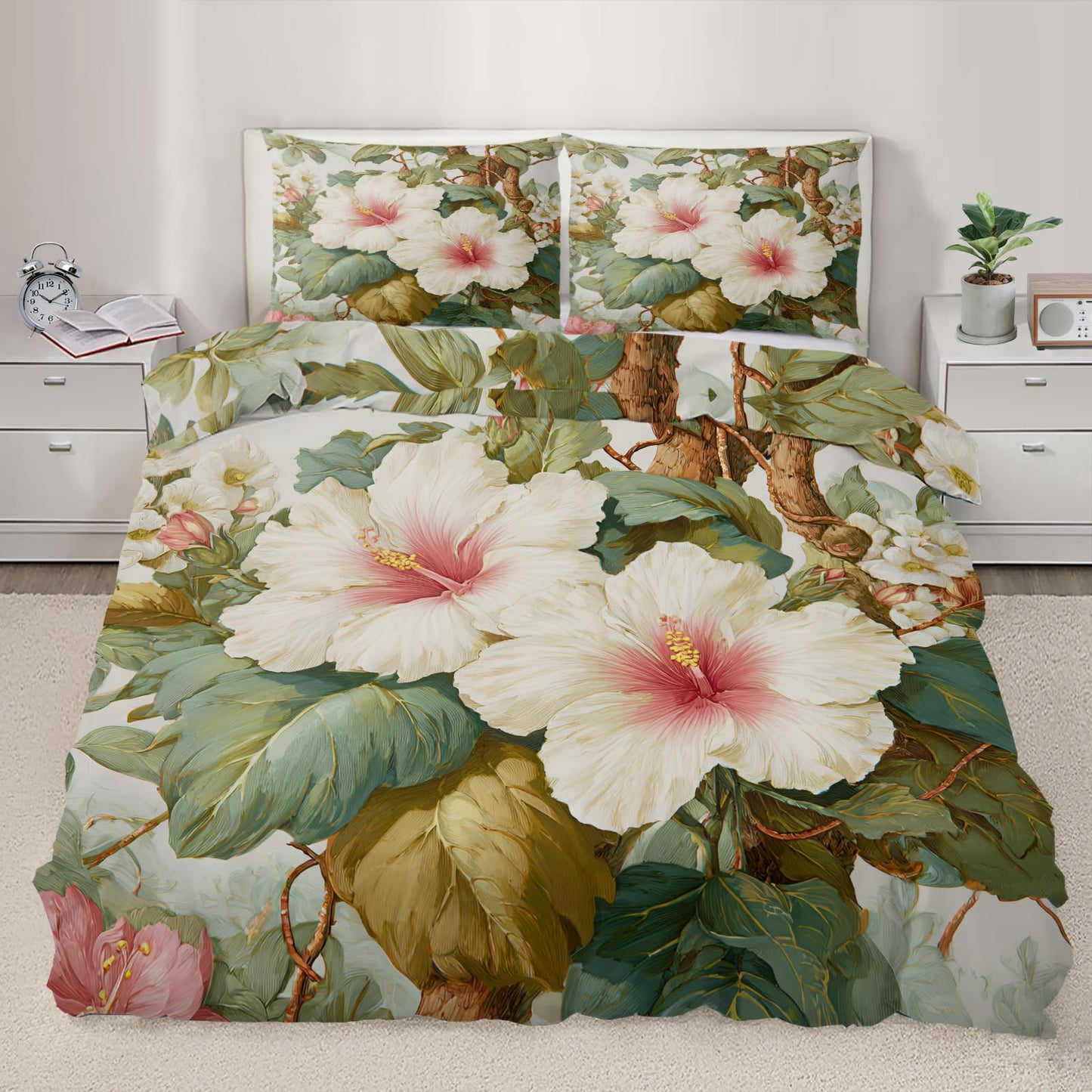 ZAMODE Floral Duvet Cover 120" x 98", Hibiscus Bedding Set, Tropical Flower Comforter Cover with Zipper Ties