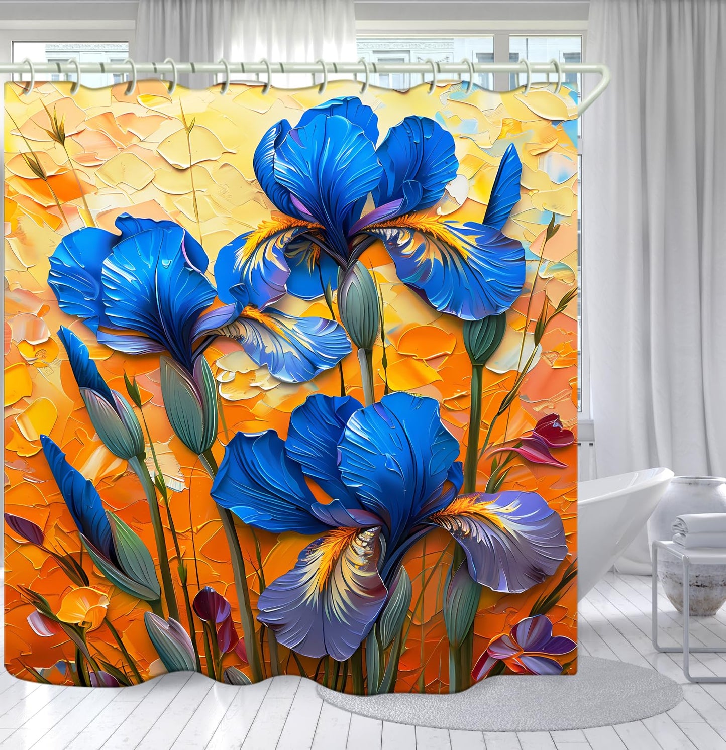 LYFANS Bathroom Shower Curtains Brings a Pleasant Mood to Bathing, with a Unique Artistic Waterproof Oil Painting Blue Flower Shower Curtain (72x79 Inches) Equipped with 12 Hooks.