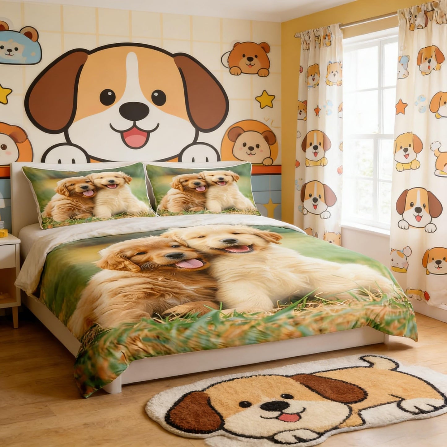Homewish Cute Golden Retriever Bedding Set for Kids Teens Green Grass Decor Comforter Cover (No Comforter) Soft Polyester Duvet Cover Set (1 Duvet Cover + 2 Pillow Cases) Full Size