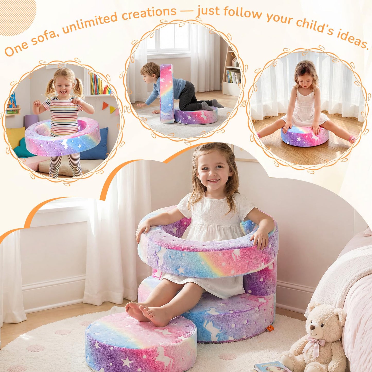 MeMoreCool Unicorn Kids Couch, Flip-Open Kids Chair, Glow Print, Rainbow