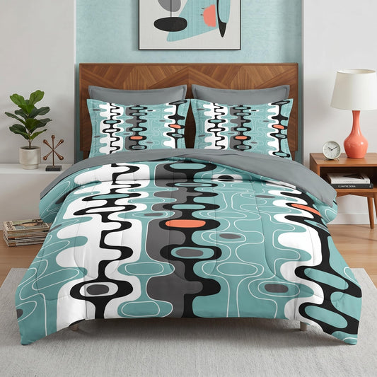 Pamnest Comforter Set Full Size, Mid Century Retro Stripe 7 Pcs Bedding for Kids and Adults, Vintage Geometric Cool Bed Sheet Sets with Fitted Sheet 2 Pillowcases & 2 Shams for Bedroom Bed Decor