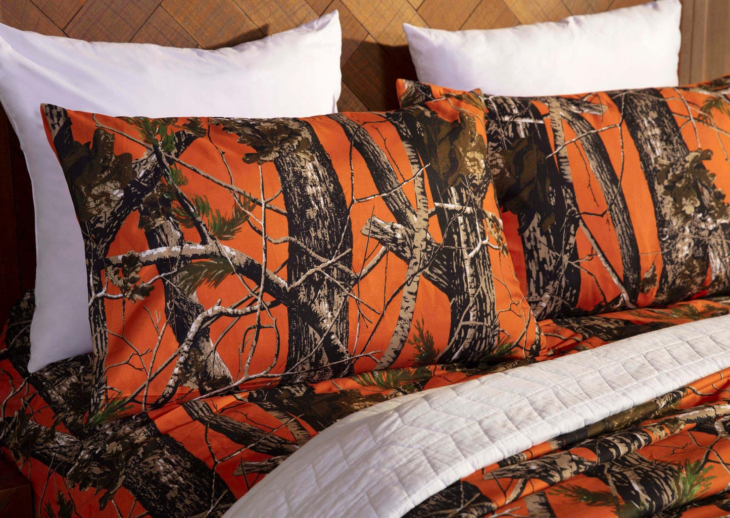 Chezmoi Collection Salem 4-Piece Cabin Lodge Forest Woods Sheet Set - Nature Camo Tree Leaves Printed Soft Microfiber Sheets - Queen, Orange