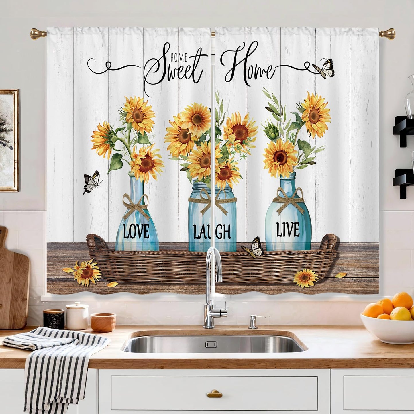 Cizuug Farmhouse Sunflower Kitchen Curtains Rustic Flower Inspirational Small Short Cafe Window Curtains Wooden Country Bathroom Living Room Bedroom Drapes Treatment 2 Panels