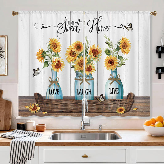 Cizuug Farmhouse Sunflower Kitchen Curtains Rustic Flower Inspirational Small Short Cafe Window Curtains Wooden Country Bathroom Living Room Bedroom Drapes Treatment 2 Panels
