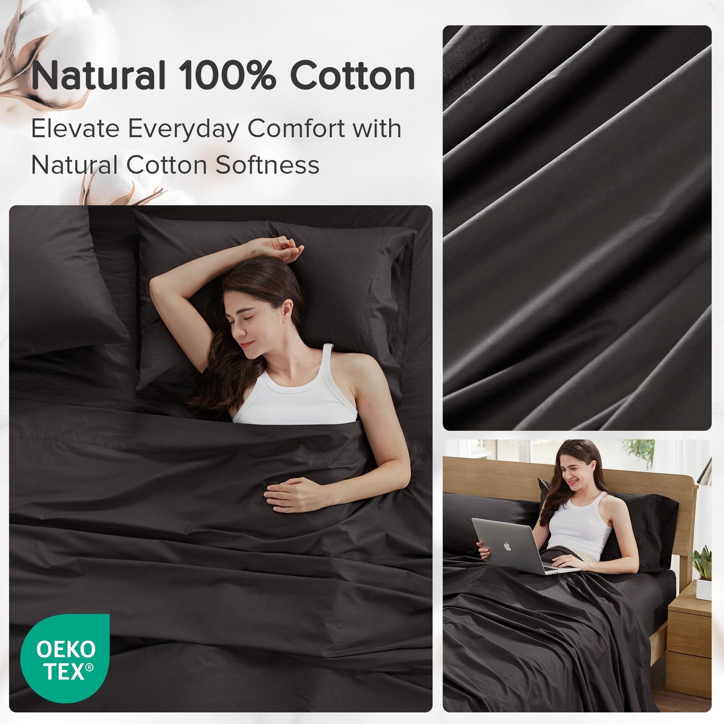 Comfort Spaces 100% Cotton Sheets Full, Breathable & Ultra Soft Cotton Sheets, Naturally Cool Cotton Bed Sheets with 14" Elastic Pocket Fits up to 16" Mattress, All Season Sheet Set, Black 4 Piece