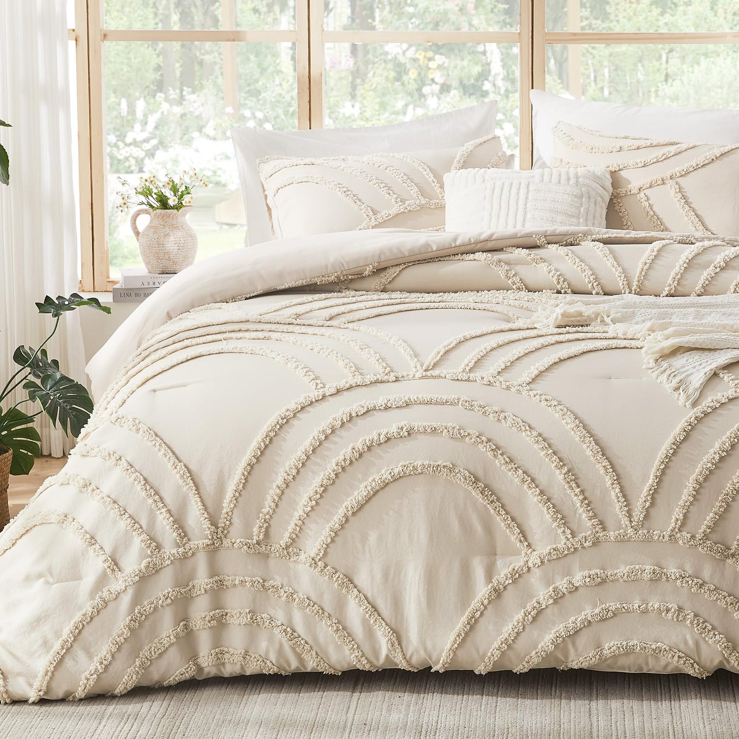 ENJOHOS Boho Comforter Set 3PC, Full Size, Beige, Dorm Bedding Sets for College Girls, Tufted Rainbow Design, Fluffy Lightweight Breathable Microfiber Comfoter