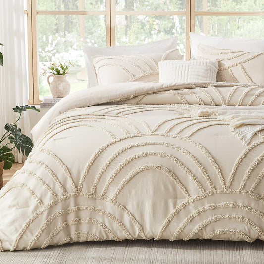ENJOHOS Boho Comforter Set 3PC, Full Size, Beige, Dorm Bedding Sets for College Girls, Tufted Rainbow Design, Fluffy Lightweight Breathable Microfiber Comfoter