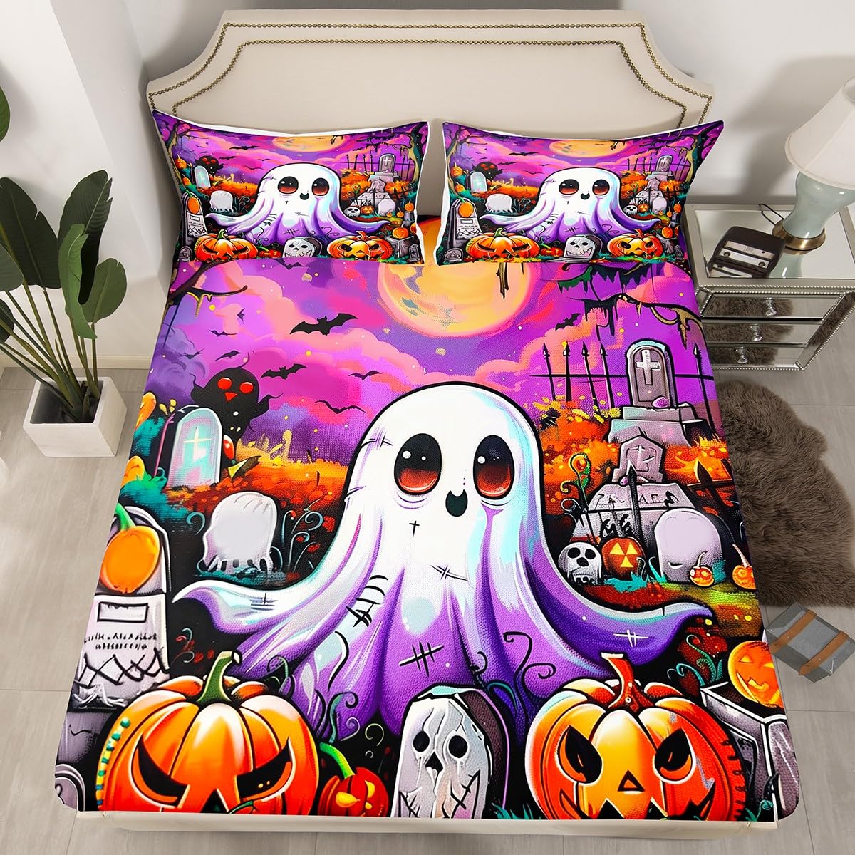 Kids Kawaii Ghost Fitted Sheet 3 Pcs,Cartoon Halloween Theme Soft Microfiber Sheets Breathable Bedding,Purple Moon Night Cute Decor Bedsheet with Deep Pocket