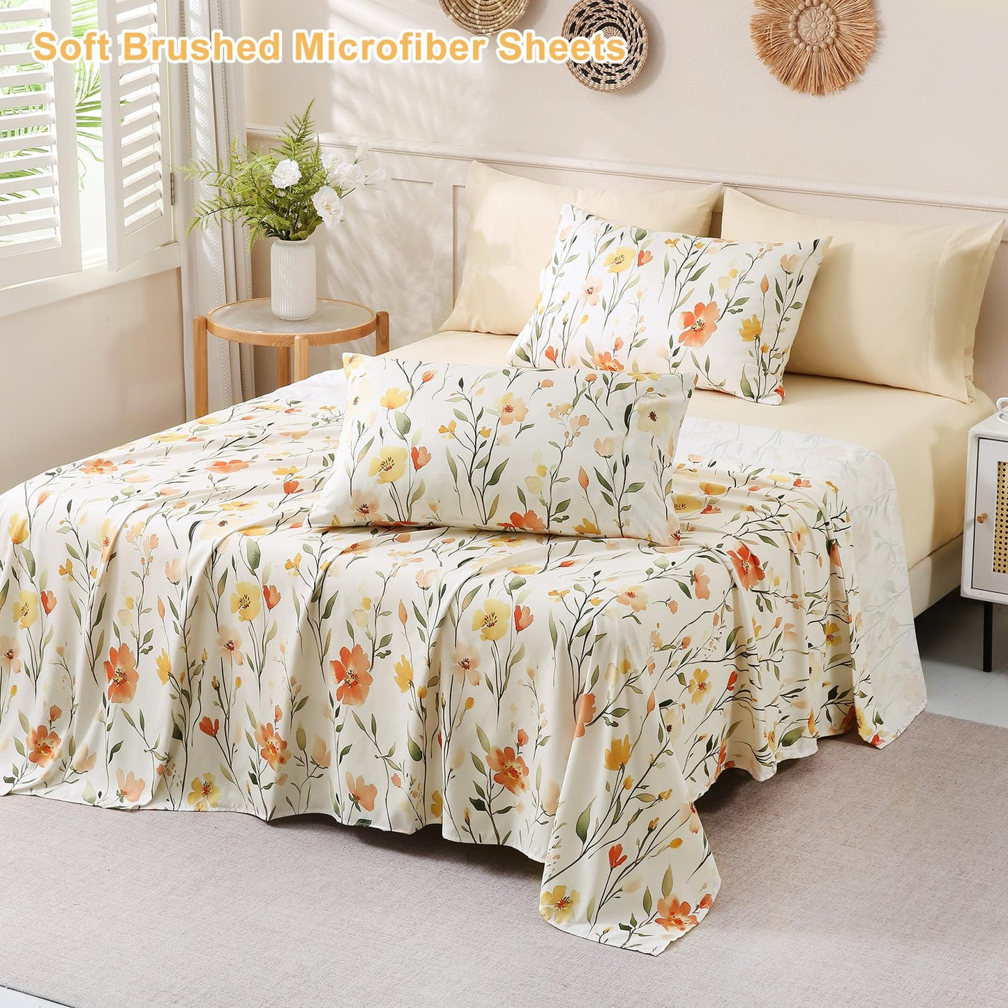 Botanical 6-Piece Full Size Sheets Set, Boho Floral Print Brushed Microfiber Sheets, Cooling Bed Sheet Set, Ultra Soft & Breathable, 16' Deep Pocket Fitted Sheet & Pillowcase Set, Beige Floral