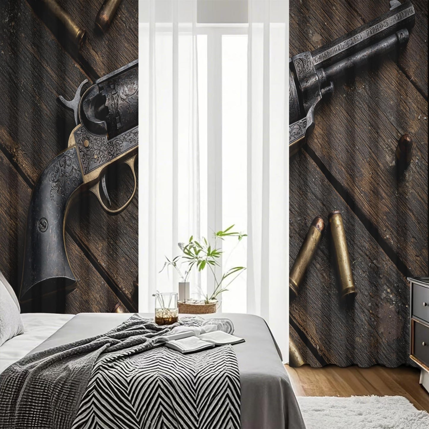 Retro Western Revolver Curtains for Bedroom Decor, Cowboy Pistol Bullet Blackout Curtains 63 Inch Long Grommet Curtains, Rustic Old Wooden Planks Drapes Thermal Insulated for Living Room 2 Panels Set