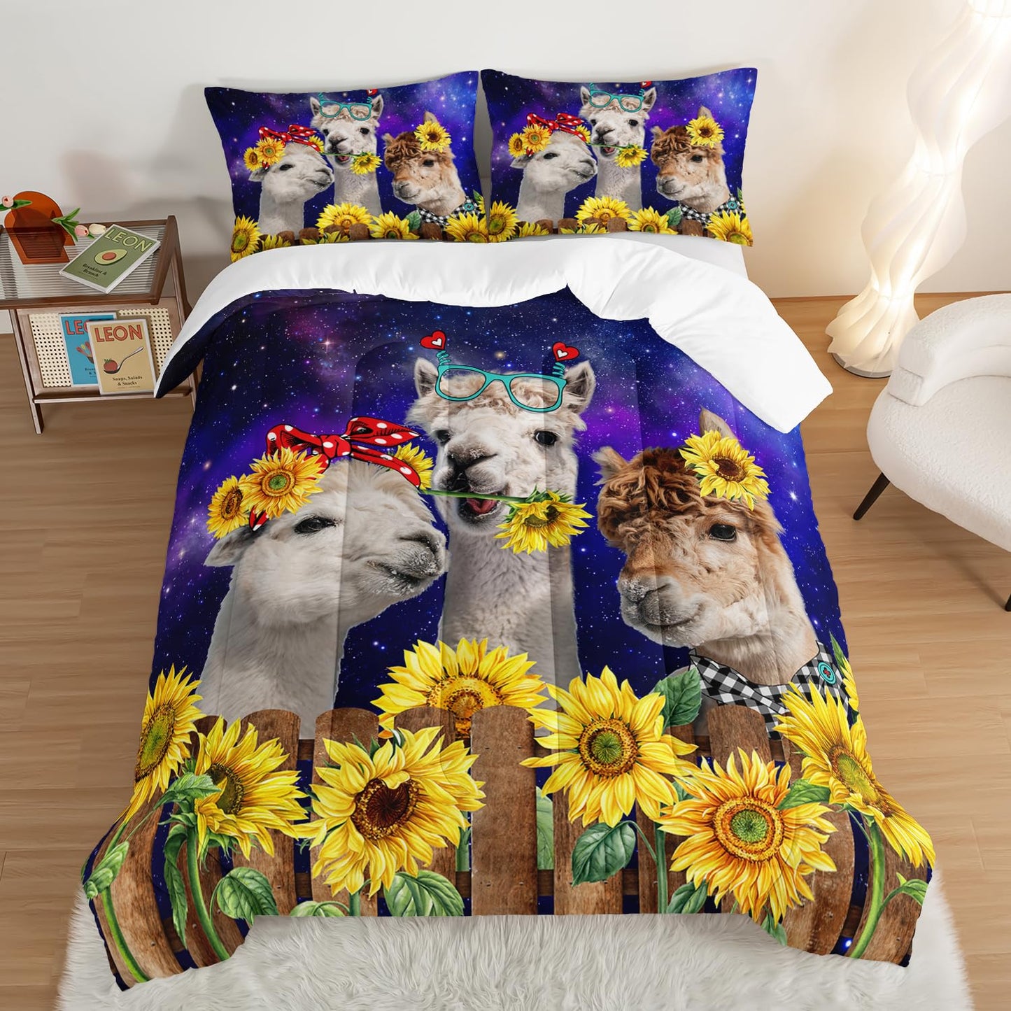 HOSIMA Funny Llama Twin Comforter Set,Alpacas Bedding Sets Animal Theme Room Decor.Soft Microfiber Star Galaxy Sunflower Full Size Bed in a Bag for Boys Girls Children Teens Dorm Room Essentials.
