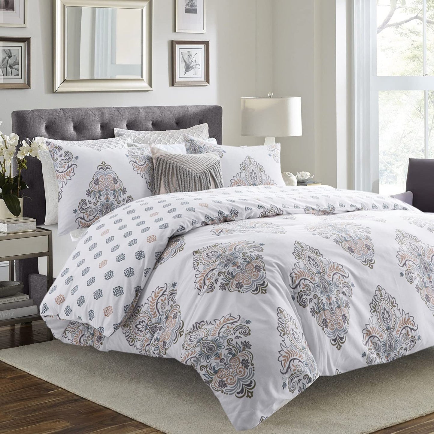 SLEEPBELLA Comforter King Size, 600 Thread Count Cotton Yellow & Blue Damask with Taupe Brown Reversible Pattern White Comforter Sets,Down Alternative Bedding Set 3Pcs (King, White Damask)