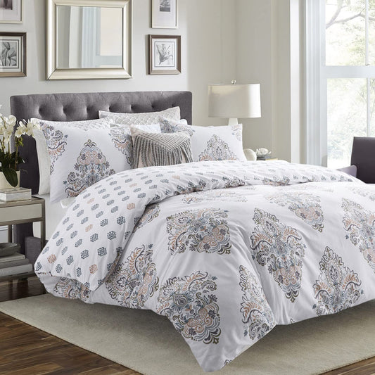 SLEEPBELLA Comforter King Size, 600 Thread Count Cotton Yellow & Blue Damask with Taupe Brown Reversible Pattern White Comforter Sets,Down Alternative Bedding Set 3Pcs (King, White Damask)