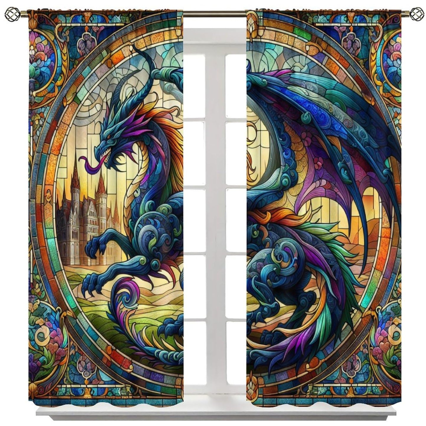 FengMingRui Stained Glass Dragon Curtains for Kids Abstract Geometry Western Dragon Window Treatments for Boys Girls Bedroom Living Room Window Drapes 42" W X 45" L
