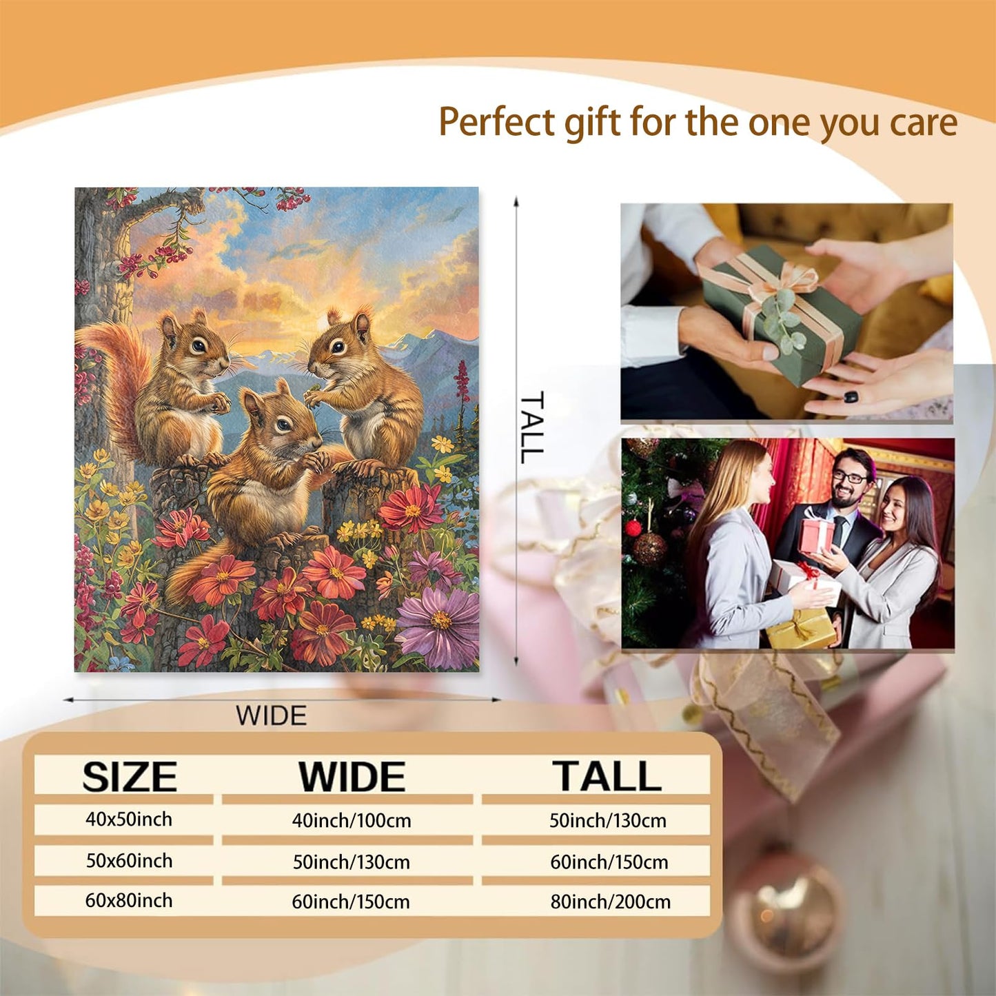 Squirrel Flower Blanket Gifts for Women Adults, Soft Warm Lightweight Flannel Throw Blankets for Camping Bedroom Living Room Home Sofa Travel Decor 50" x 60"