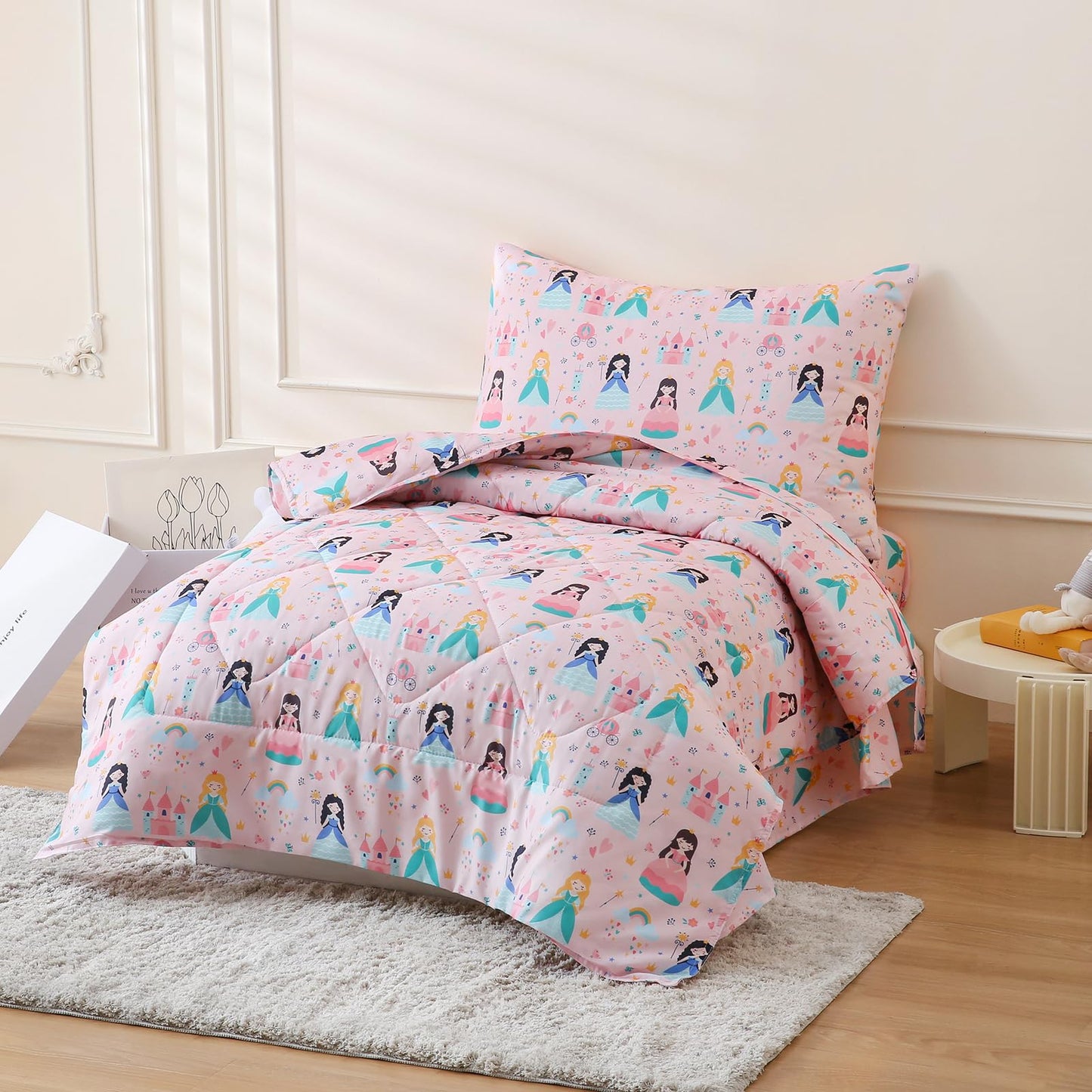 LONAVA Toddler Kids Comforter Set - 4 Pieces Toddler Bedding Sets for Boys Girls Children, Ultra Soft Microfiber Bed in A Bag with Flat Fitted Sheets, Princess