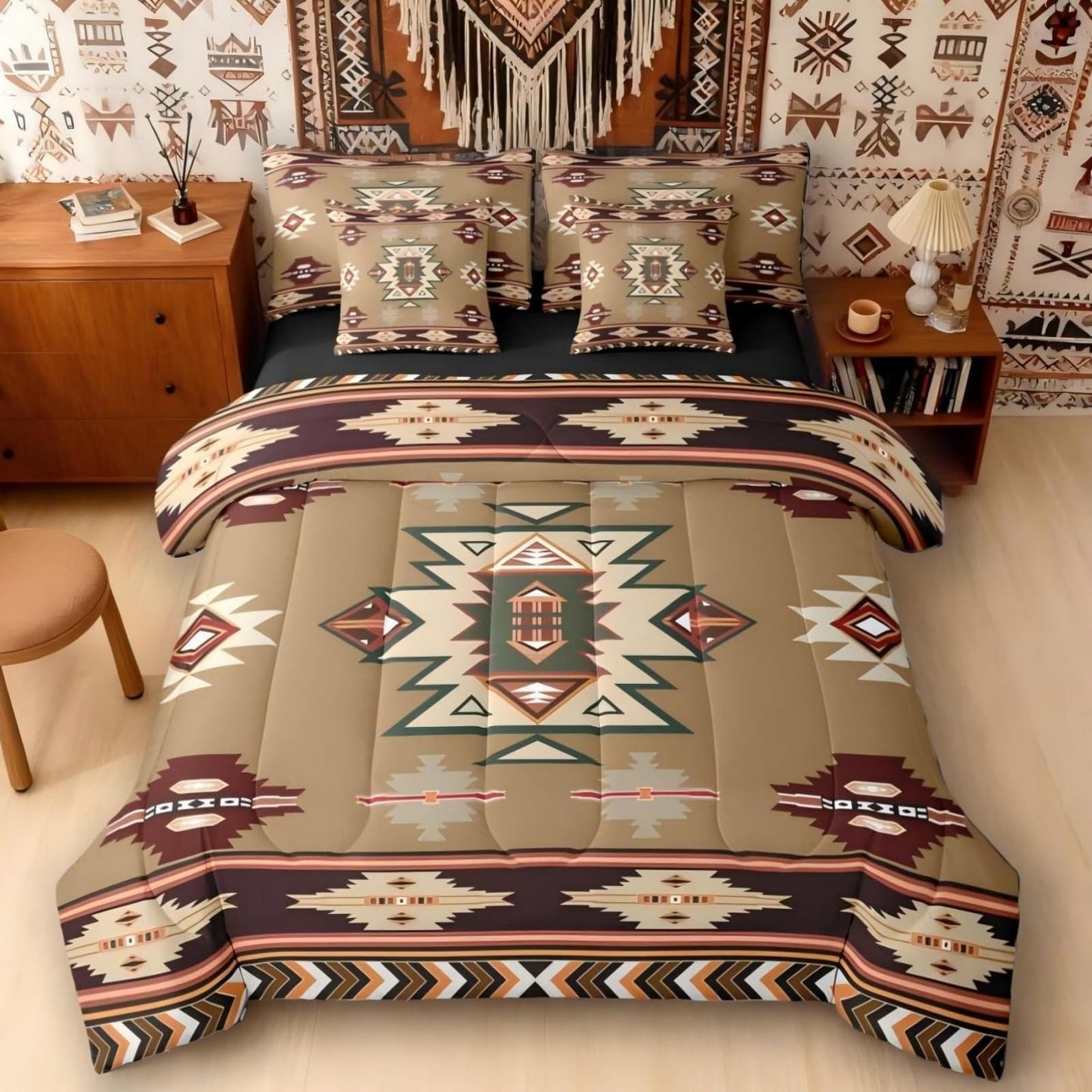 Erosebridal Western Twin Comforter Set with Sheets | Southwestern Decor Geometric 7-Piece Bedding Set Farmhouse Aztec Bed in a Bag, Stripes Diamond Triangle Bed Sets,Brown
