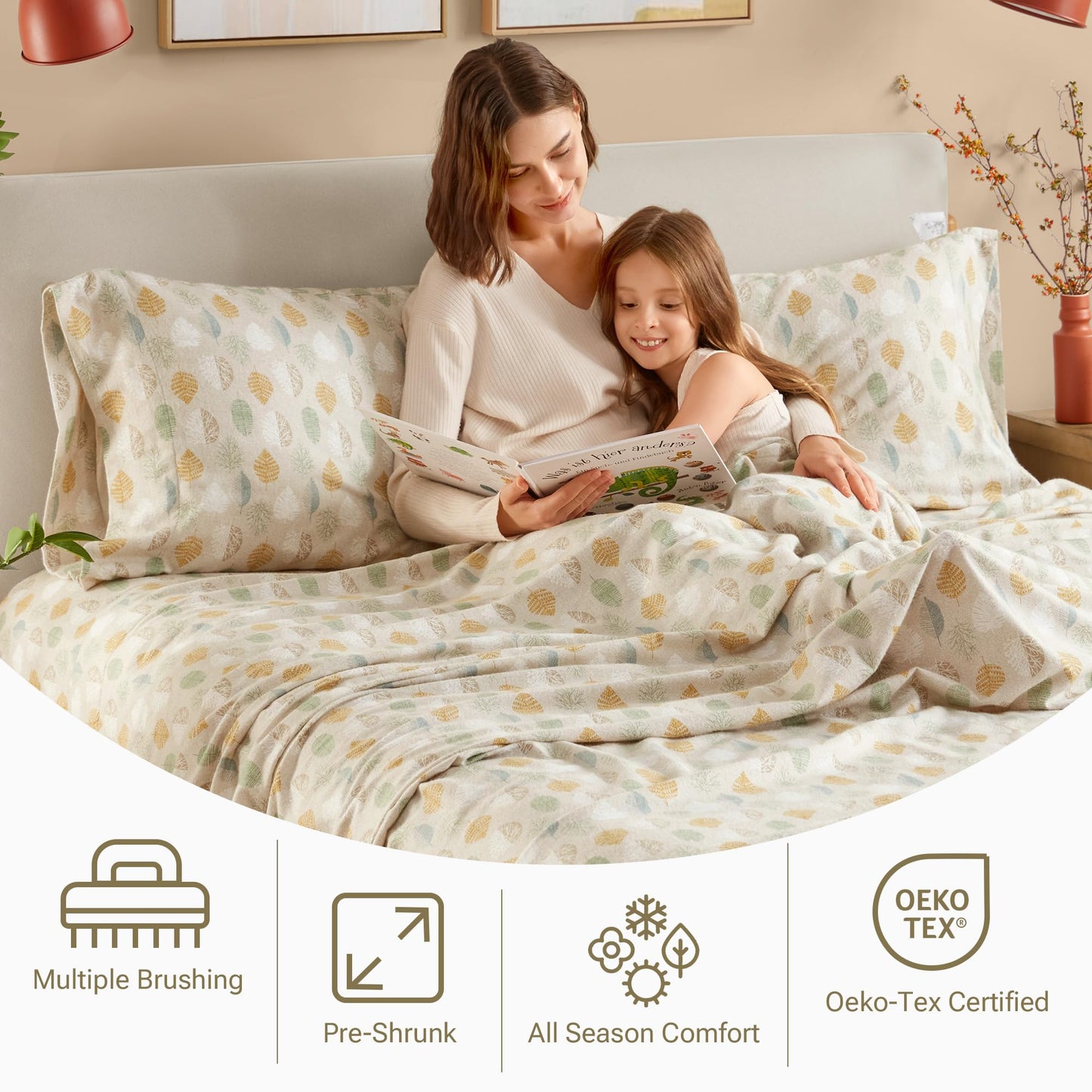 True North by Sleep Philosophy Cozy Flannel Warm 100% Cotton Sheet - Novelty Print Animals Stars Cute Ultra Soft Cold Weather Bedding Set, Twin XL, Multi Leaves 3 Piece