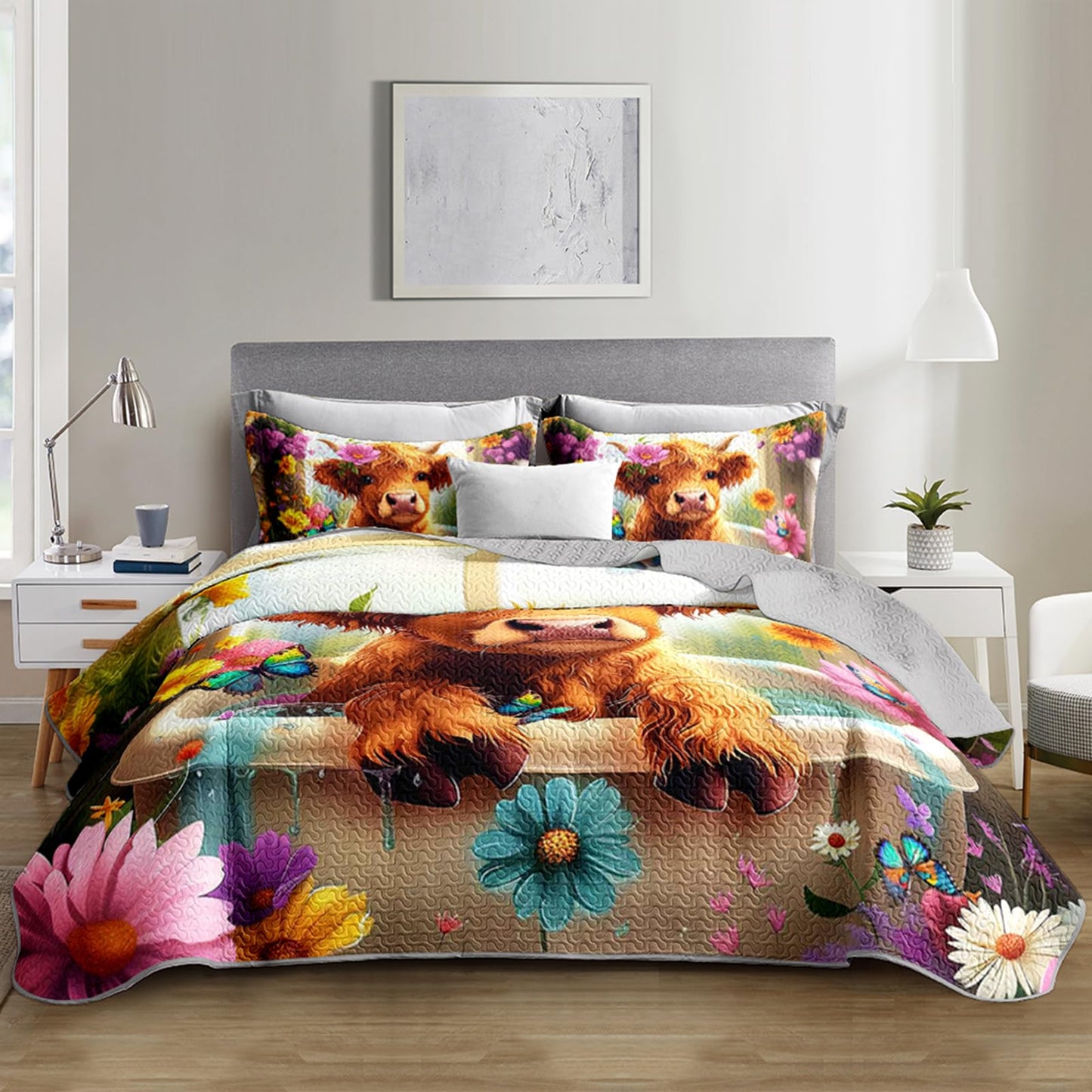 XYNHML Kawaii Farmhouse Cow Quilts Bedding Twin 3Pcs Western Funny Animal Highland Cattle Quilt Bed Set Lightweight Soft Bedspreads Coverlet with 2 Pillowcases for Kid Boy Girl Teen Adult Bed Decor