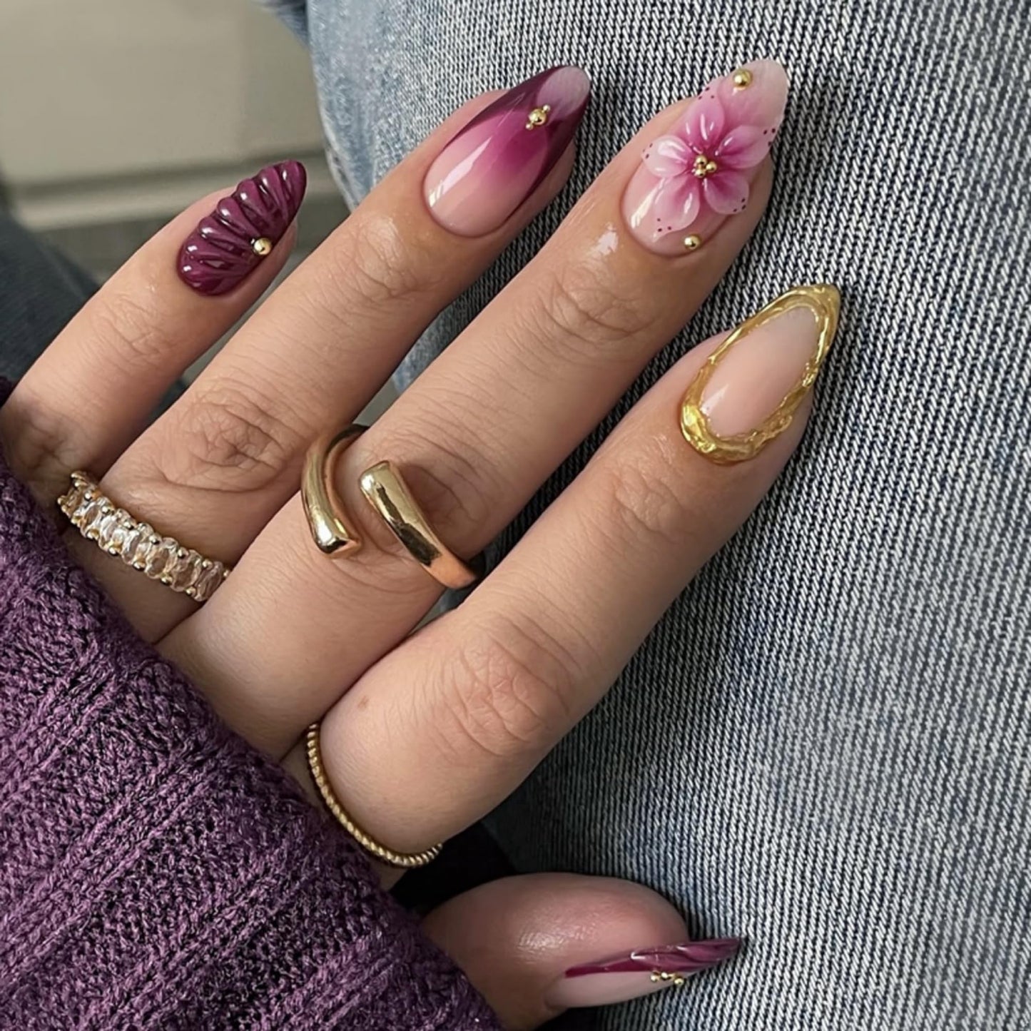 octoswave Press on Nails Long Almond Fake Nails Purple French Artificial Nail with 3D Flowers Designs Stick on Nail for Women 24pcs