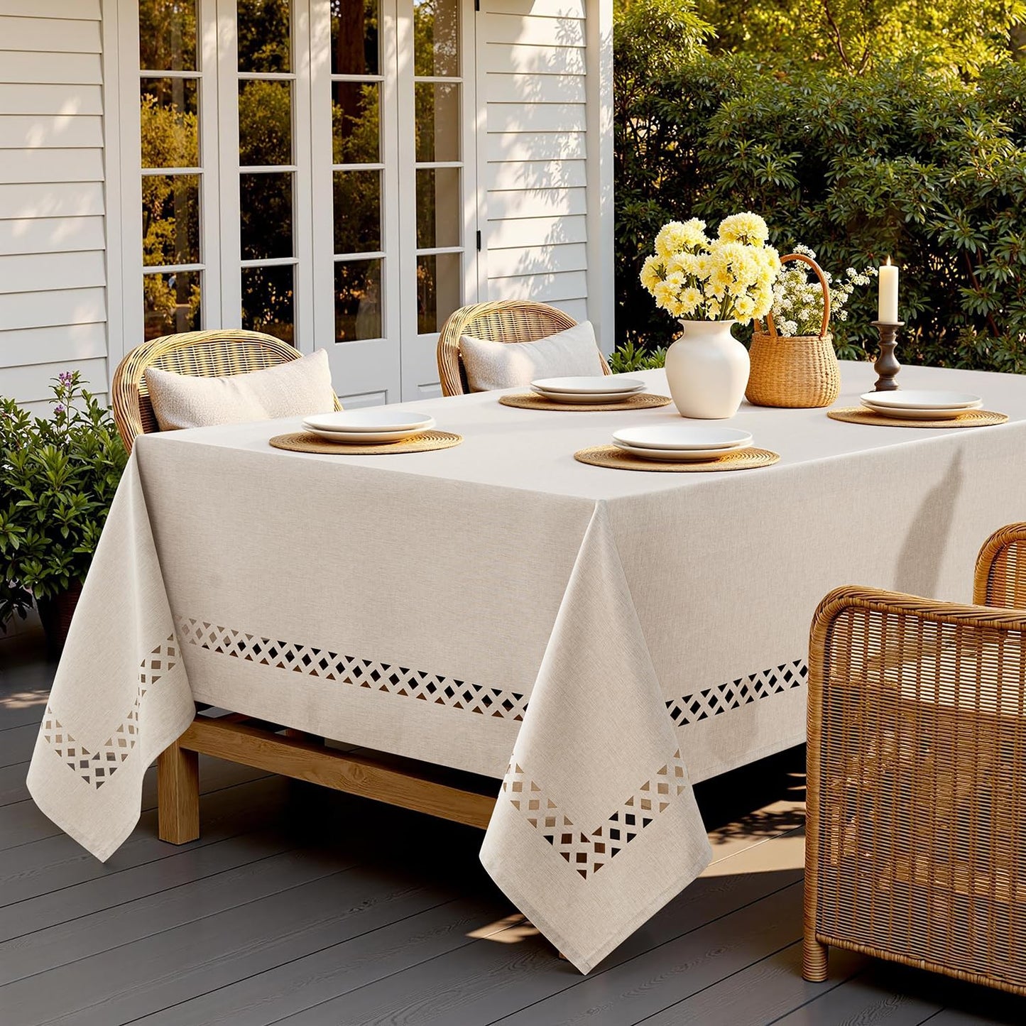 MIULEE Beige Rectangle Linen Polyester Tablecloth with Decorative Cutouts Spring Waterproof Stain Resistant & Shrink-Proof Table Cloth 52x70 inch Farmhouse Style for Dining Wedding and Outdoor