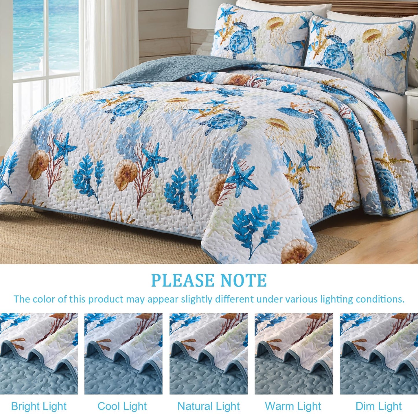 DJY Coastal Quilt Set King Size 3 Piece,Summer Beach Bedspread Coverlet Lightweight Green Ocean Turtle Theme Bedding Set,All Season Reversible Microfiber Thin Bed Set with Shams 110"×90"