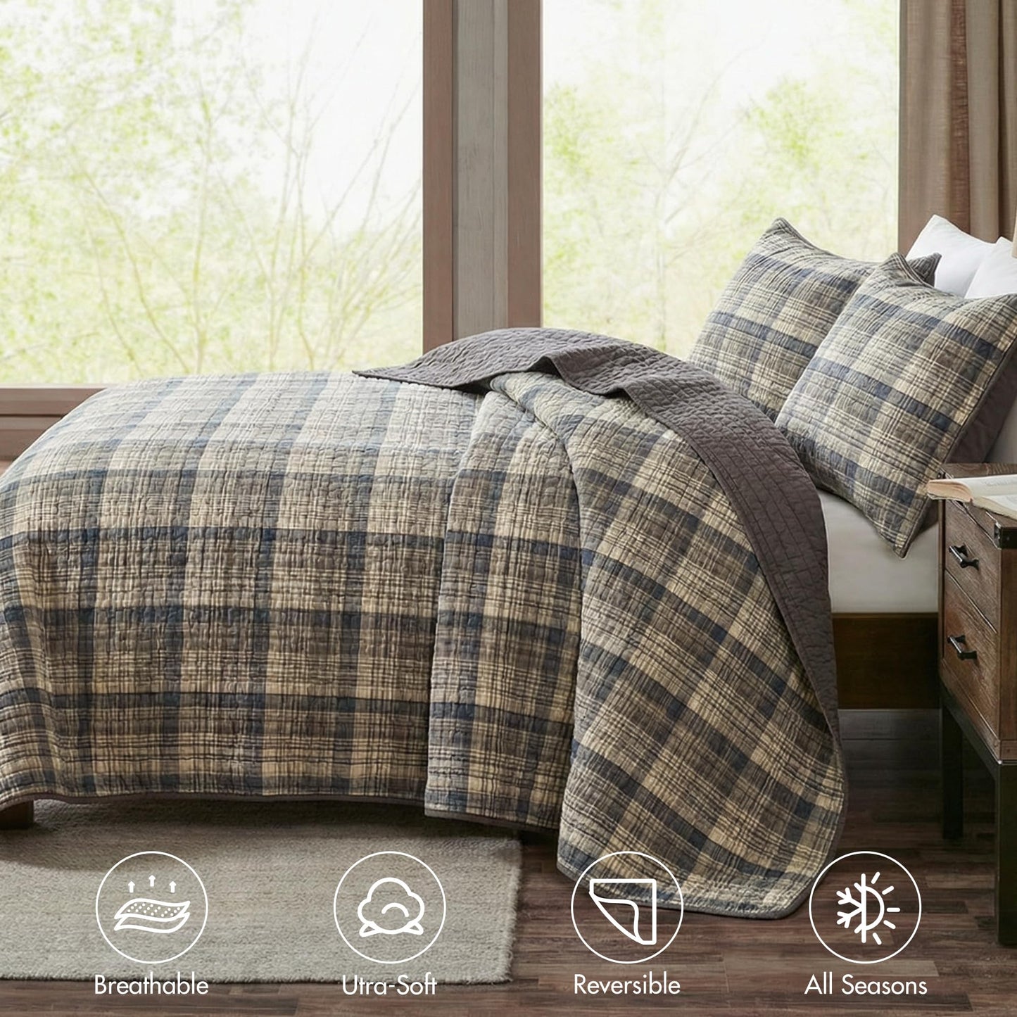 Woolrich Reversible Quilt Cabin Lifestyle Design - All Season, Breathable Coverlet Bedspread Bedding Set, Matching Shams, Oversized King/Cal King, Tasha Plaid Tan/Brown 3 Piece