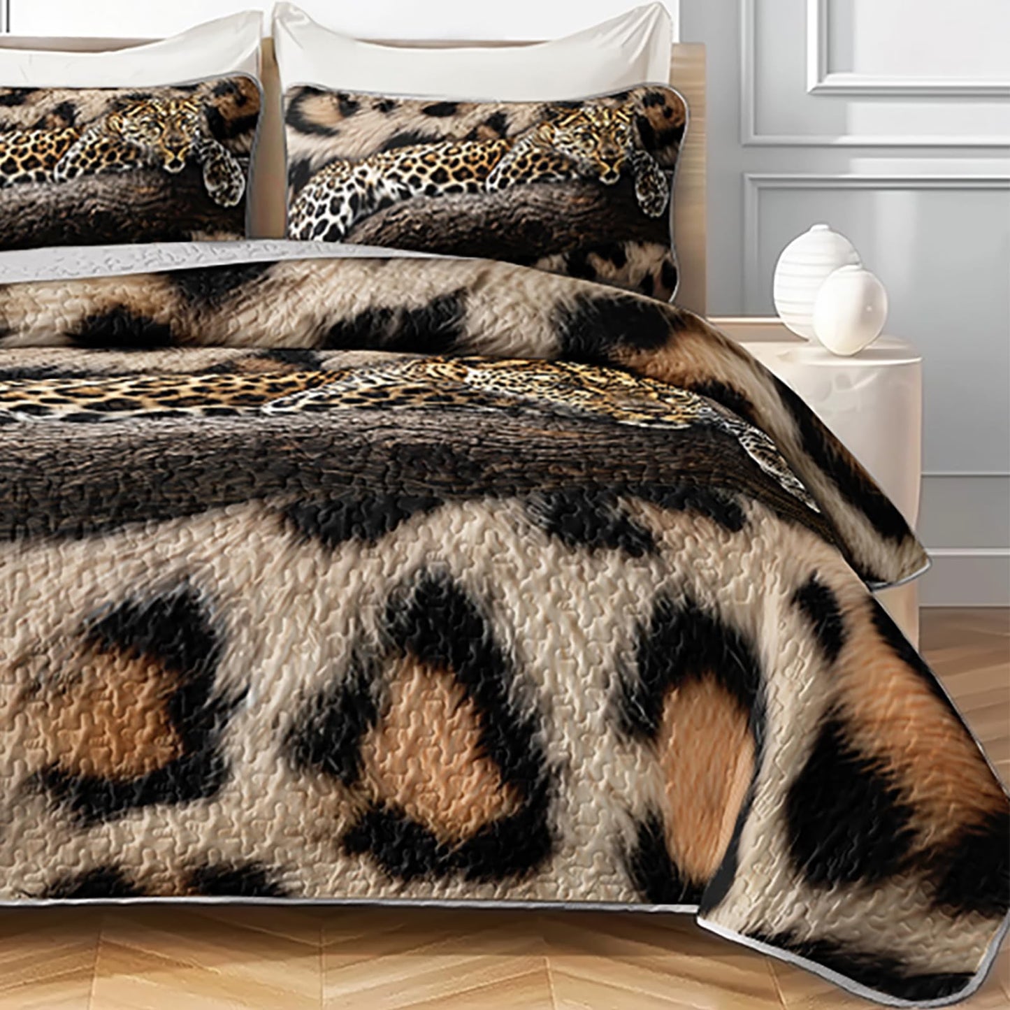 AILONEN Leopard Print Quillt Set King Size,Safari Cheetah Black Brown Bedspread Coverlet for Boys Men,Western Bedding Print Quilt,2 Pillowcases,3-Piece