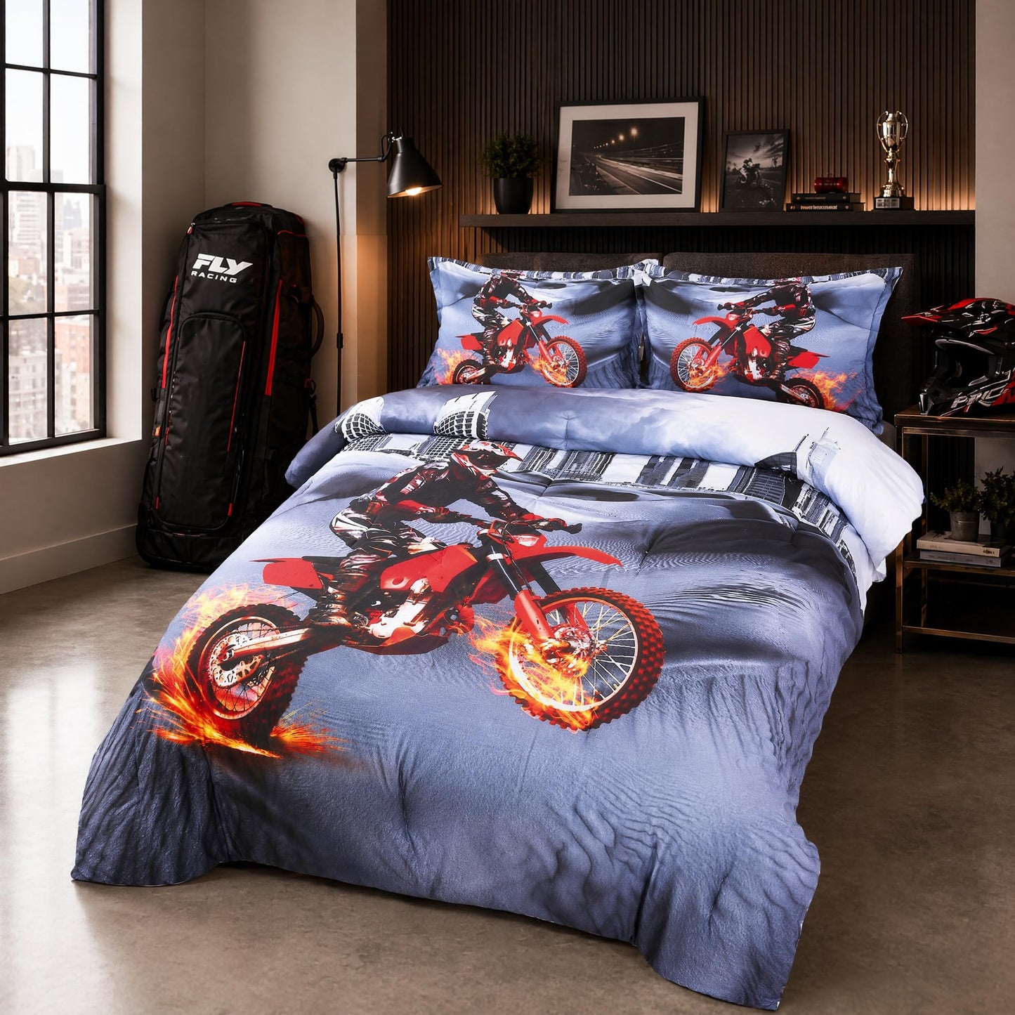 SHOMPE Dirt Bike Comforter Sets Full Size Racing Motocross Sports Extreme Theme Bedding Sets for Boys