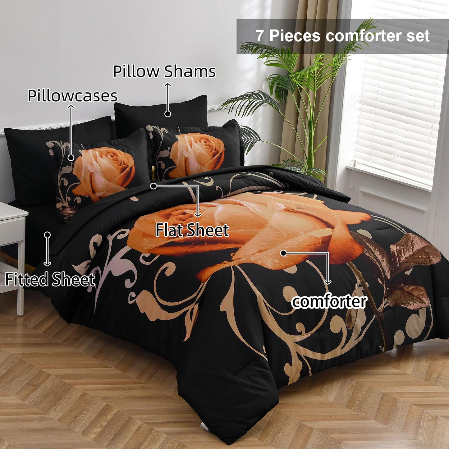 Xruibed Floral Comforter Set King 7 Piece Bed in a Bag Orange Rose Flower Comforter with Sheet Set Soft Micorfiber Bedding Set (1 Comforter,2 Pillow Shams,1 Flat Sheet,1 Fitted Sheet,2 Pillowcases)