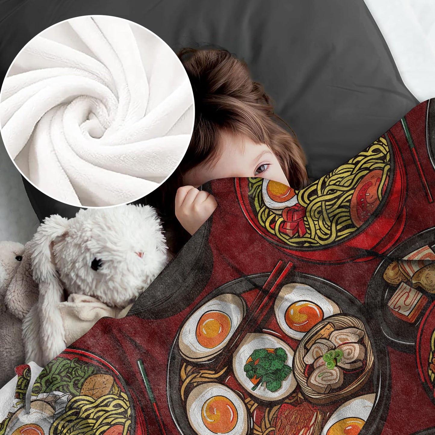 cromcu Ramen Blanket for Kids and Adults, Soft Lightweight Throw Blankets with Red Background for Sofa Bed Traveling Camping Japanese Decor Gifts, Single-Sided Printing, 50x60 Inches
