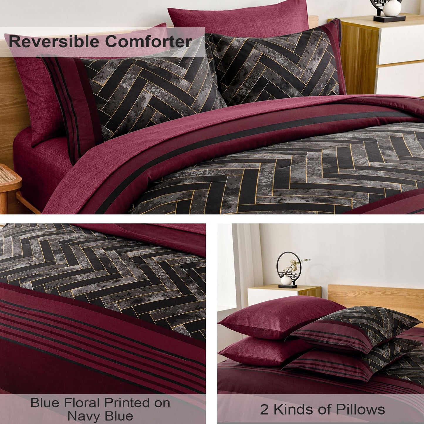 Luxudecor Burgundy Comforter Set Queen Size 7 Pieces Red and Black Stripe Bed in a Bag Geometric Comforter and Sheet Set, Soft Microfiber Complete Bedding Sets for All Seasons