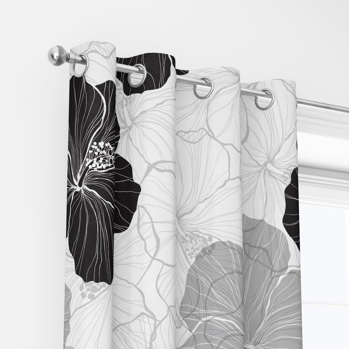 LADYVOGUE 100% Blackout Curtains 2 Panels Set Black White Grey Floral Black Out Curtain Gray Flower Chic Thermal Insulated Window Treatments Decor for Living Room Bedroom Darkening Curtain 52x84 Inch