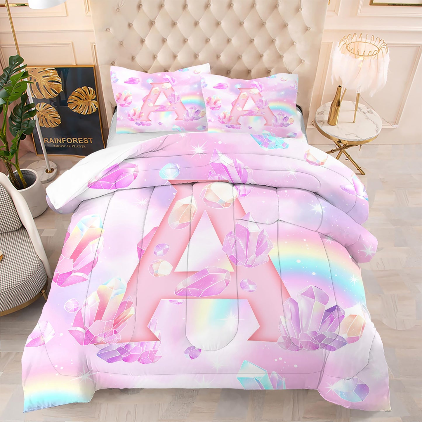 VTKON Pink Crystal Comforter Set for Kids Girls Queen Size 3 Piece Initial Letter A Bedding Set Glitter Rainbow Alphabet Bed Sets Sparkle Gemstone Bedroom Decor with 2 Pillow Cases