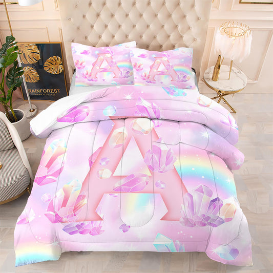 VTKON Pink Crystal Comforter Set for Kids Girls Queen Size 3 Piece Initial Letter A Bedding Set Glitter Rainbow Alphabet Bed Sets Sparkle Gemstone Bedroom Decor with 2 Pillow Cases