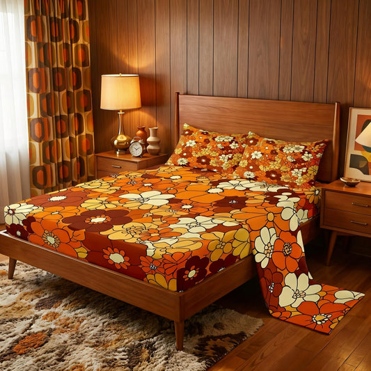 Boho Floral Bed Sheets Set Full Retro Groovy Flowers Sheet Set 60S 70S Hippie Flower Power Bedding Set For Kids Girls Women Groovy Natural Garden Botanical Fitted Sheet Orange Brown Flat Sheet 4 Pcs