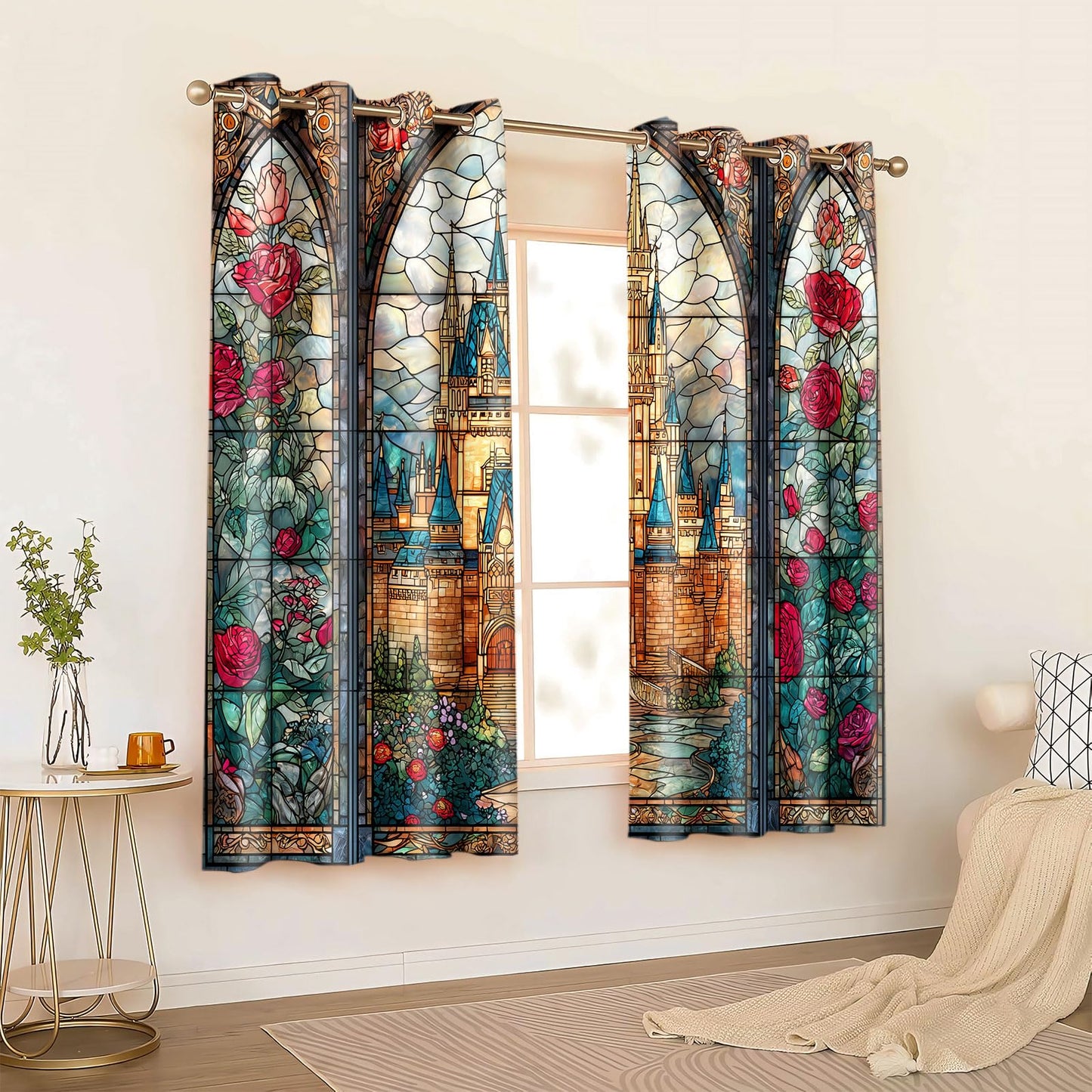 HIYSMT Retro Stained Glass Castle Curtains,4263inch Fairytale Princess Rose Blackout Curtain,Nordic Arched Window Printed Drapes for Girls Women Bedrooms Living Room 2Panels HILC039