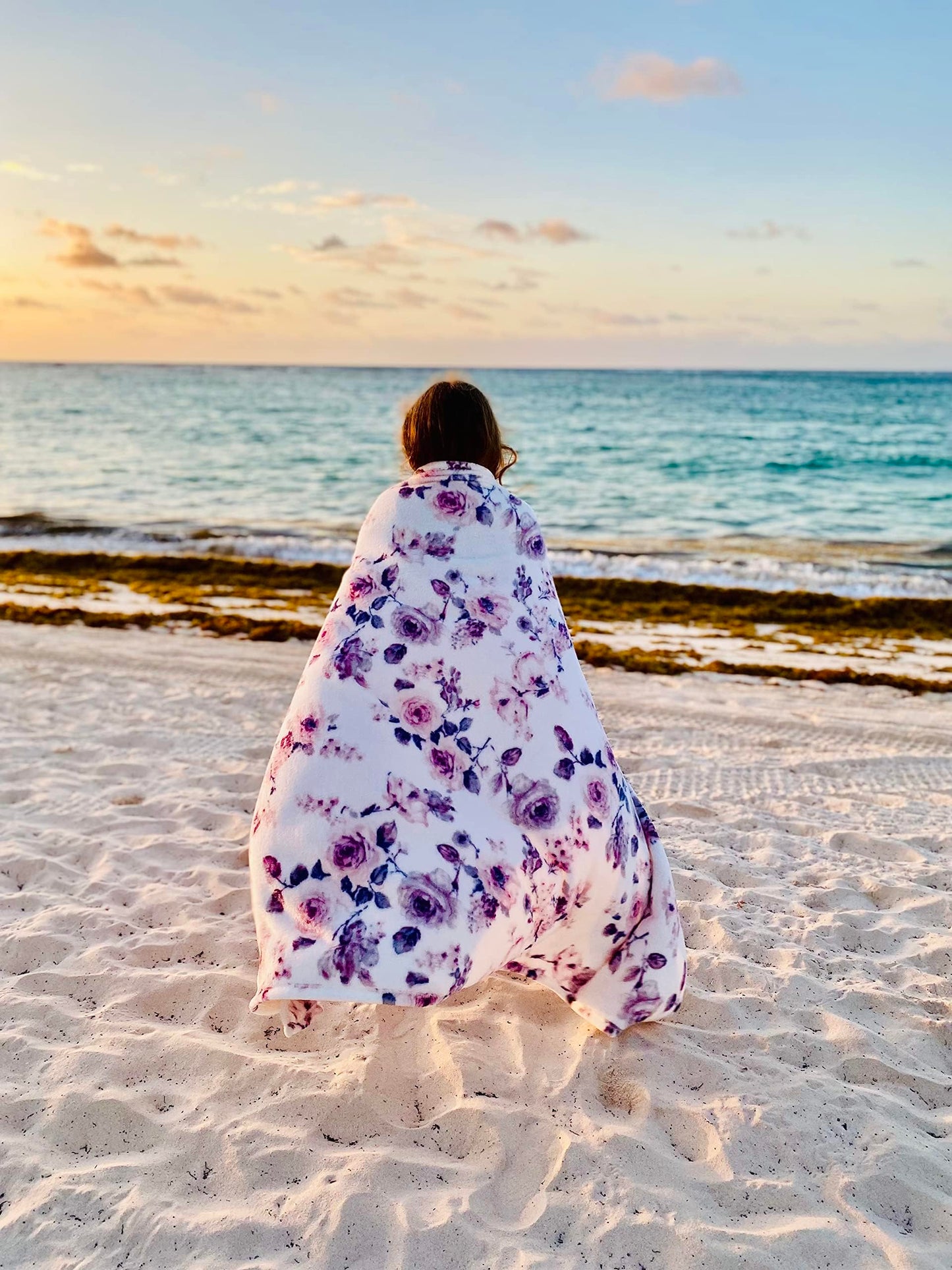 Decorative Floral Fleece Throw Blanket: Velvety Soft Plush Rose Flower Accent for Couch or Bed, Blush Pink Purple Navy Blue Grey on White, Oversized 50" x 70" Inches