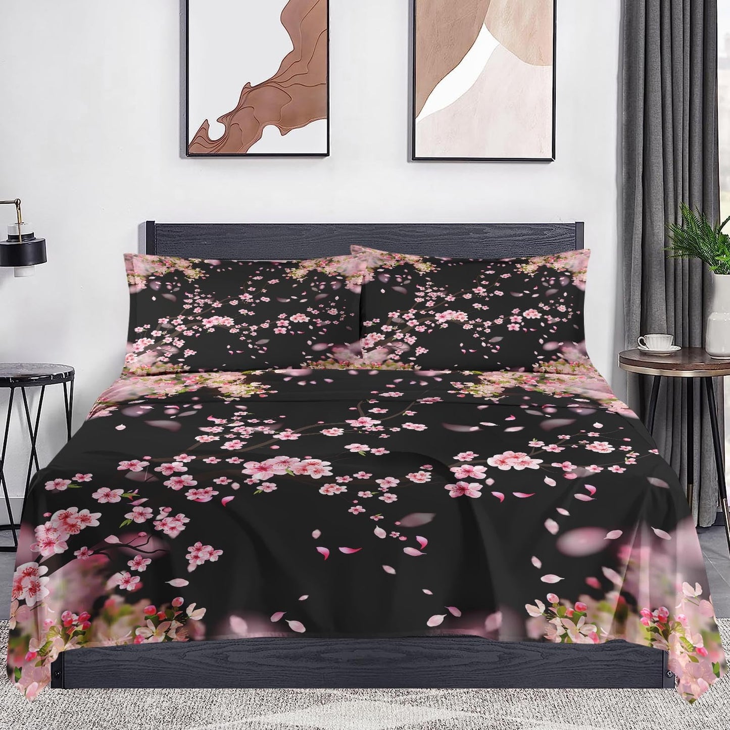 WeCozy Queen Size 4 Pcs Bed Fitted Sheet Set with 14" Deep Pocket, Blossom Cherry Flat Sheet Set for Kids and Adults, Pink Tree Flower Bedding with 2 Pillowcases for Bedroom Decor